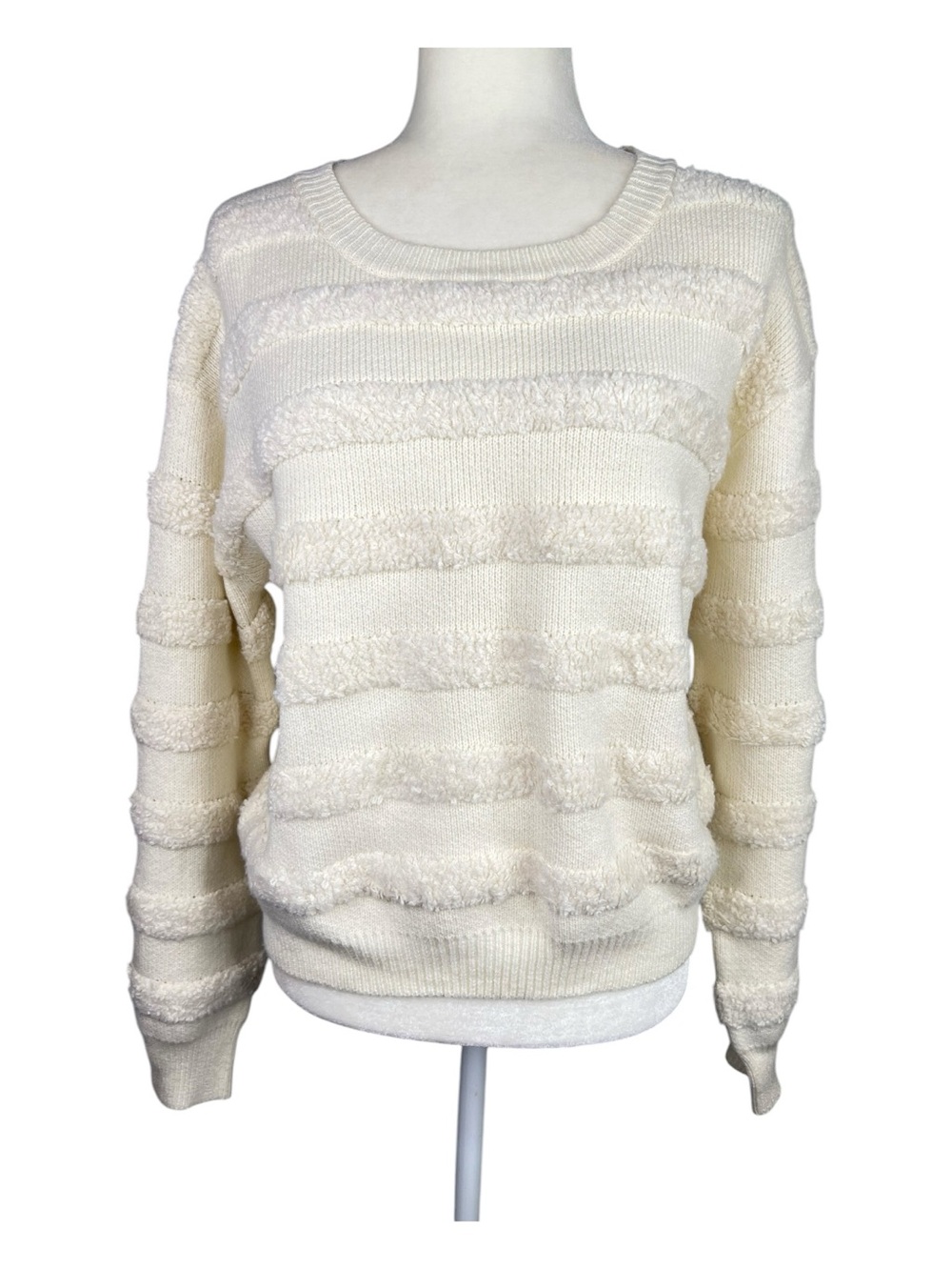 Threaded Leaf Cream Sherpa Striped Crew Neck Minimalist Soft Knit Sweater Sz L